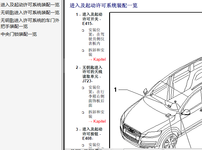07年奥迪Q7 起动、进入许可系统部件位置