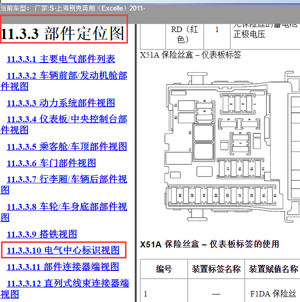 2011年别克英朗室内保险丝盒图解