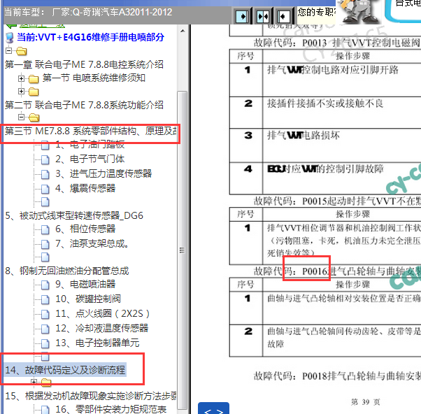 2011-2012年奇瑞A3 P0016故障码
