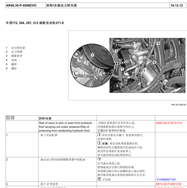 14年奔驰E260L液压助力方向维修手册