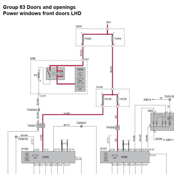 2015年沃尔沃S60L玻璃升降电路图