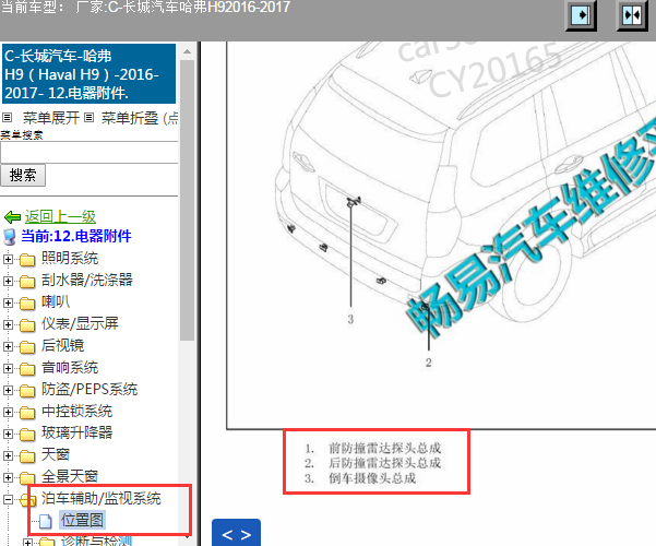 16年哈弗H9倒车雷达位置图