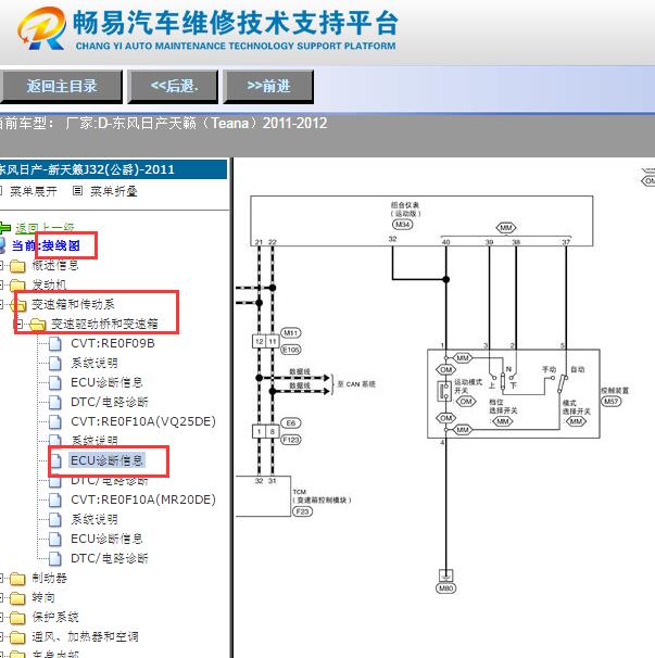 2011-2012年日产天籁变速箱档位开关线路图