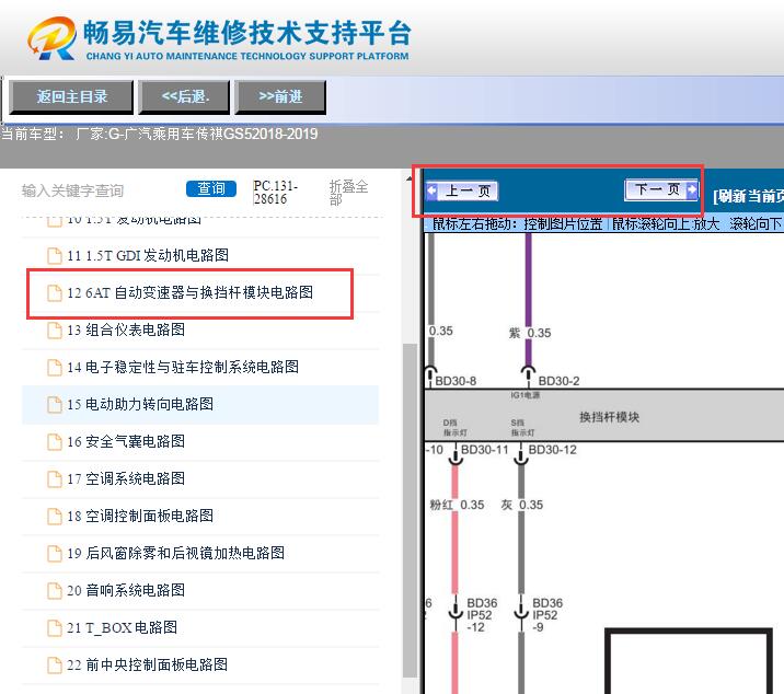 2018-2019年广汽传祺GS5  变速箱电路图