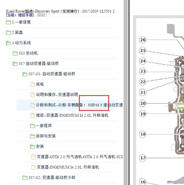 2017-2019年路虎发现神行L550 9速自动变速箱分解图.