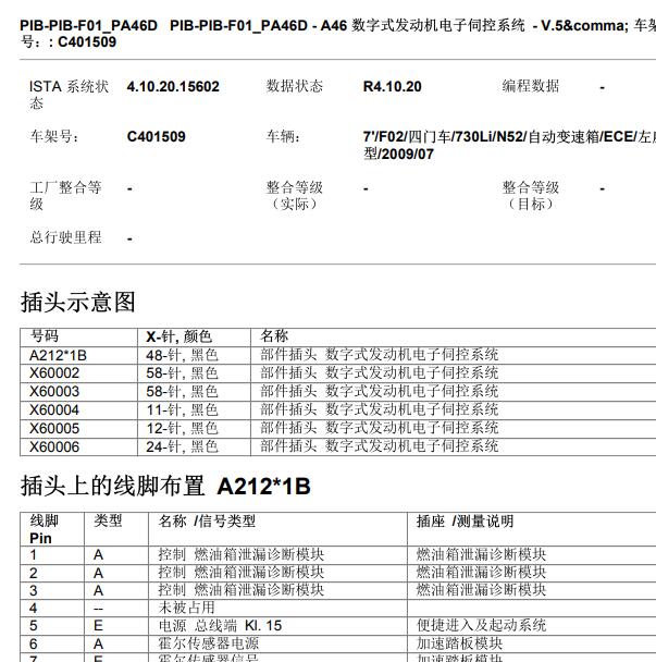 2009年宝马730 N52发动机针脚定义.
