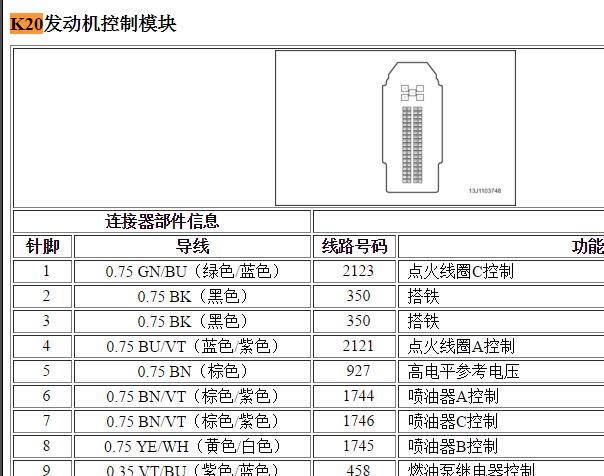 2013年别克凯越发动机针脚资料