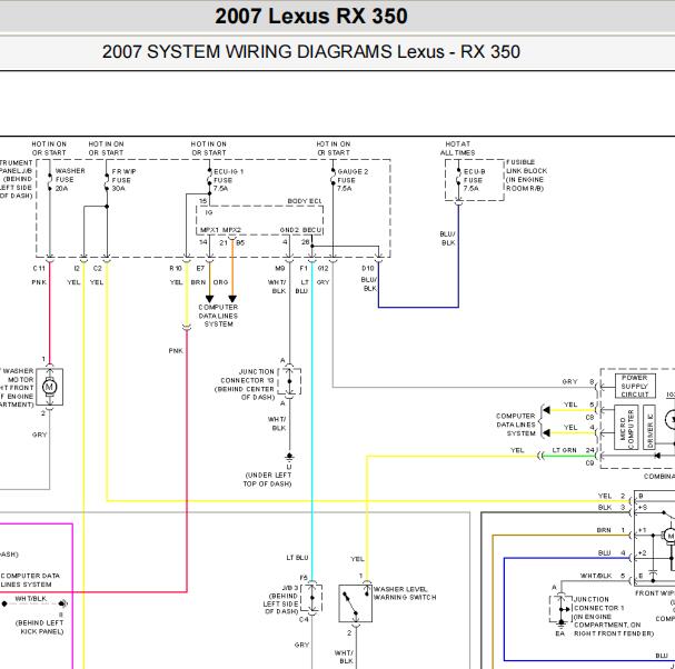 2007年雷克萨斯RX350雨刮喷水电路图