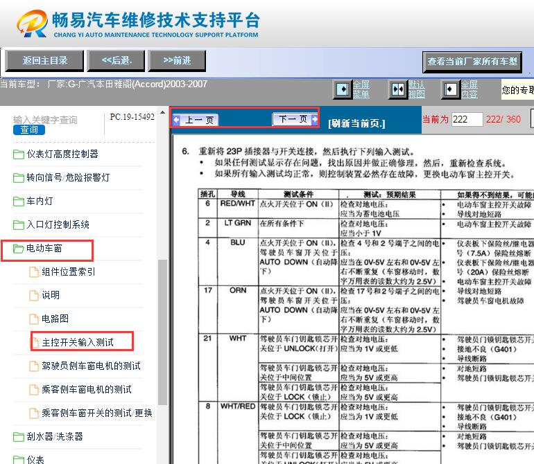 2003-2007年本田雅阁车窗开关针脚检测说明资料