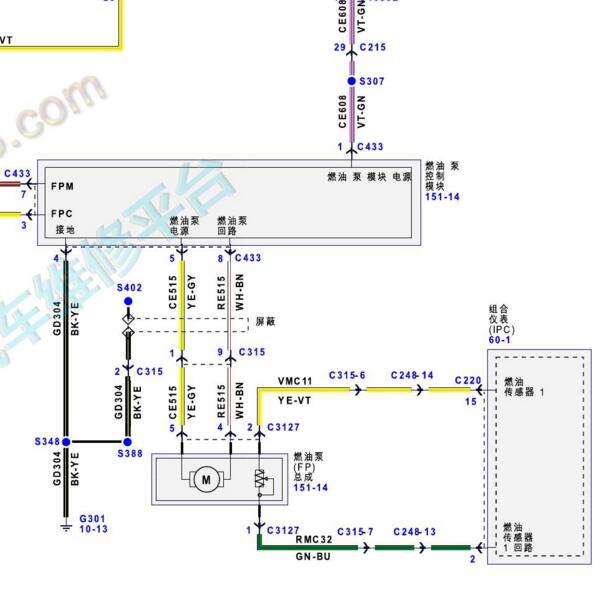 2019-2020年福特金牛座2.0发动机燃油泵电路图