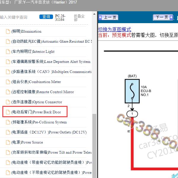 2017年一汽丰田-凌放（Harrier）电动后背门电路图