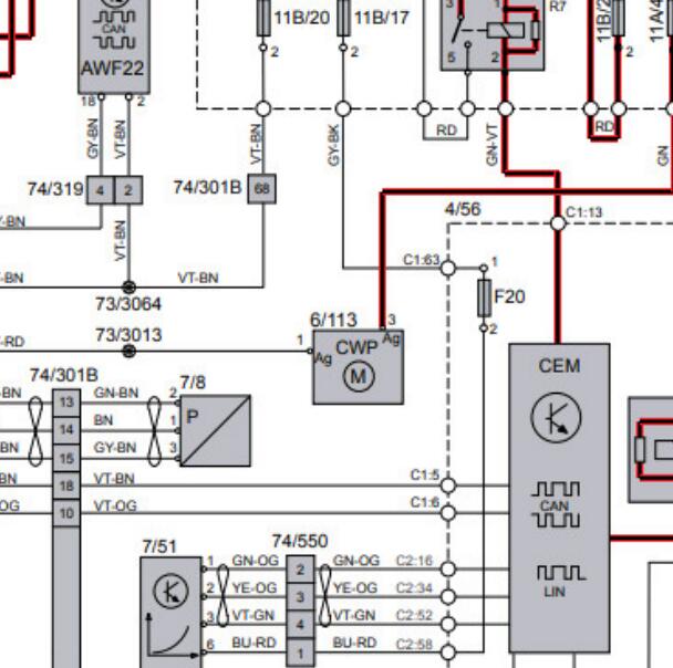 2016年沃尔沃S60 发动机冷却水泵电路图