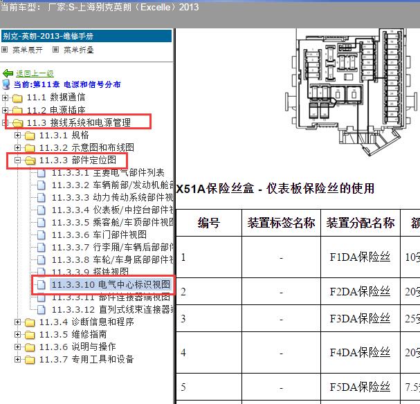 2013年别克英朗车内保险盒说明资料