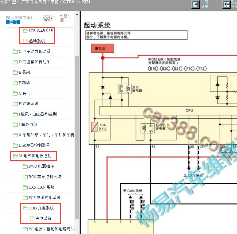 2021年日产奇骏起动机和发电机电路图