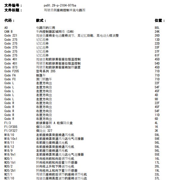 2015年奔驰C200座椅控制模块电路图