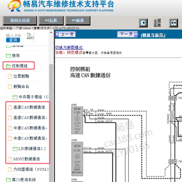 2010年沃尔沃S80动力系统通讯电路图