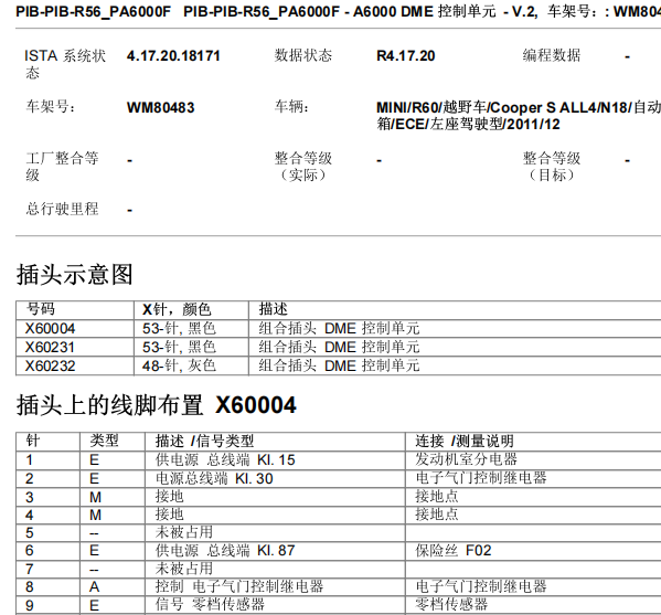 2011年宝马Cooper S Countryman 发动机电路图和针脚资料