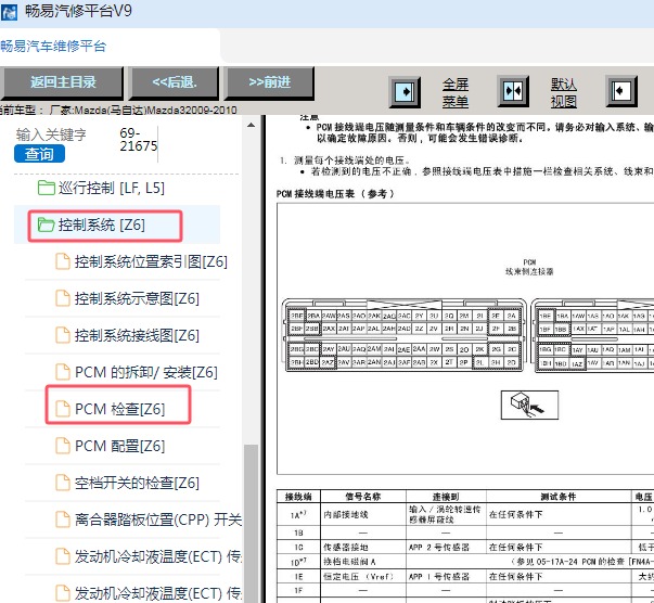 2009-2010年长安马自达3 Z6发动机针脚资料