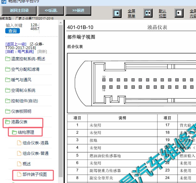 2017-2018年众泰T700仪表针脚定义资料