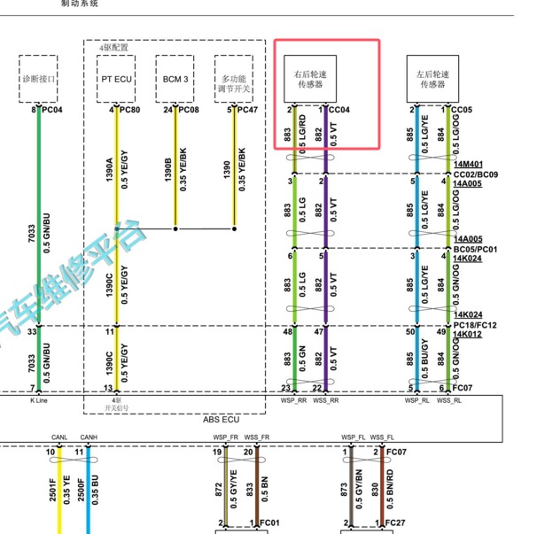 2021年江铃域虎7右后轮速传感器电路图