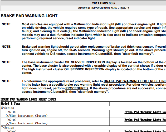 11年宝马335i 刹车片警报灯复位