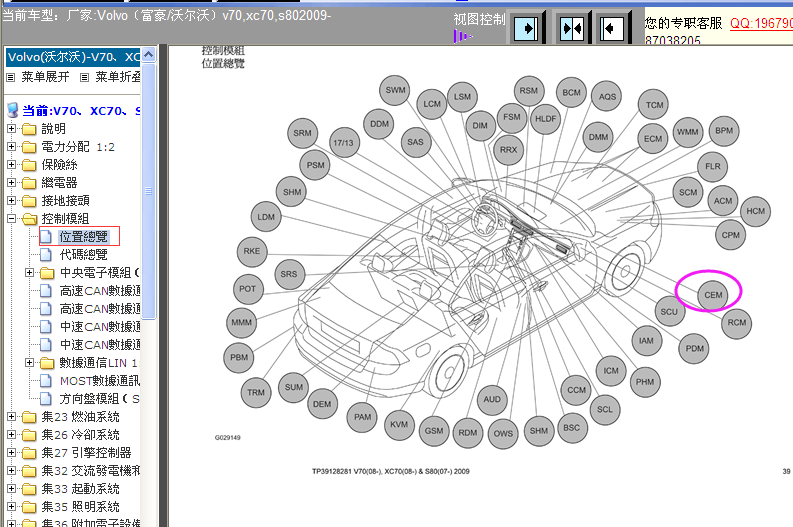 09年沃尔沃S80  CEM车身位置图