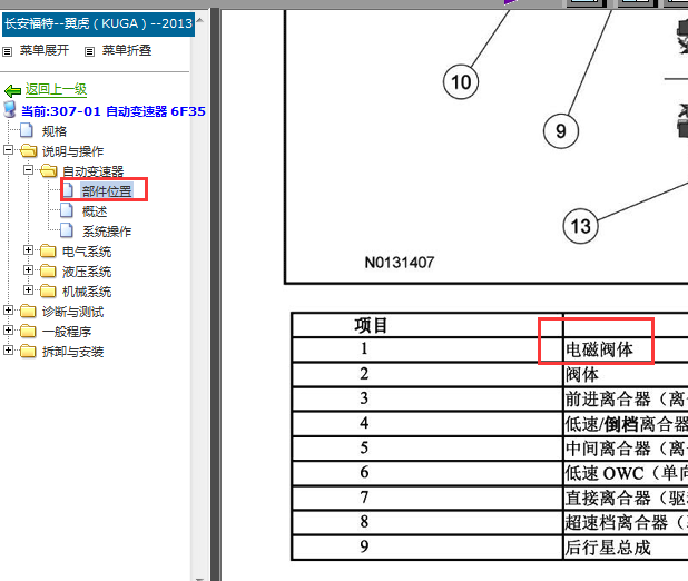 13年福特翼虎变速箱电磁阀位置