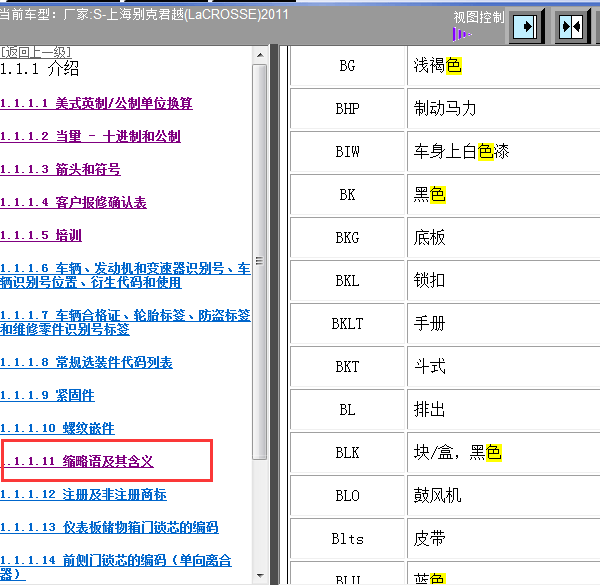 上海别克君越颜色、缩略语说明