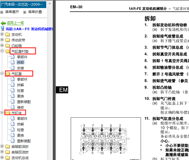 2009年丰田汉兰达1AR发动机机械拆装