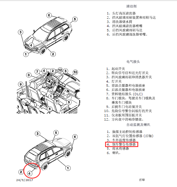 08年XC90倒车雷达传感器位置