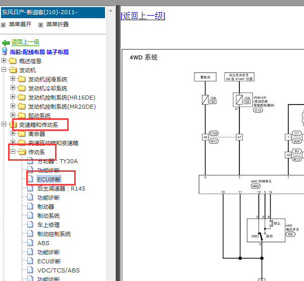 2010年日产逍客四驱电路图