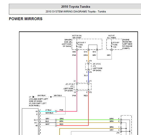 2010年丰田坦途后视镜电路图