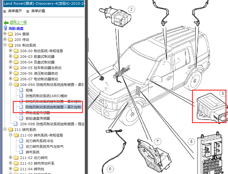 2010-2012年路虎发现4偏航率传感器位置