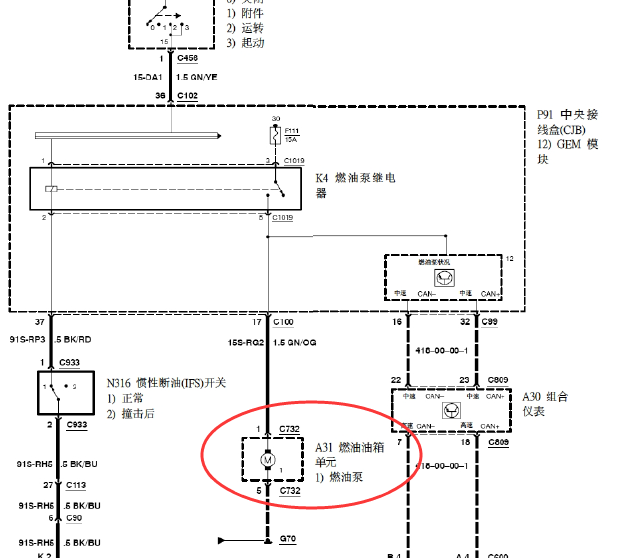 2011-2013年福特福克斯发动机燃油泵电路图