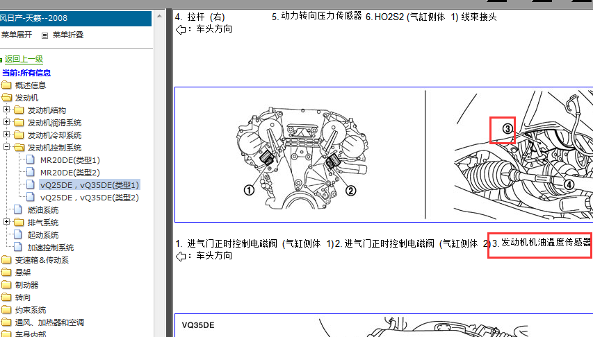 2008年日产天籁机油温度传感器安装位置图