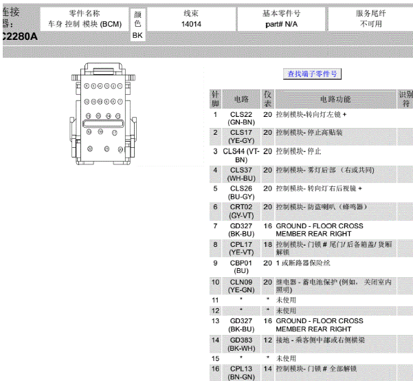 16年福特福睿斯车身控制针脚
