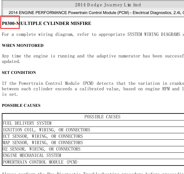 2014年道奇酷威故障码p0300解析