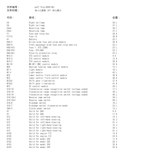 2001年奔驰CLK230变速箱电路图