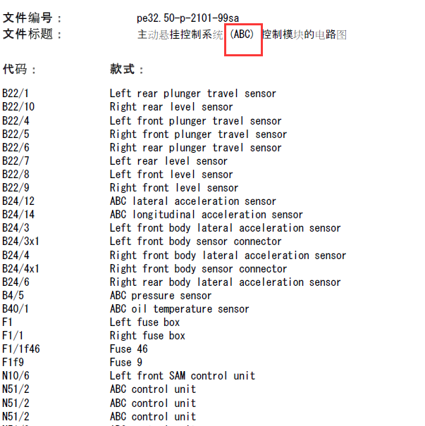 奔驰S600主动悬挂控制系统 (ABC) 控制模块的电路图