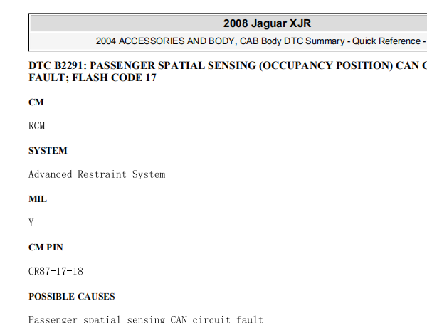 2008年捷豹XJ B2291故障码资料