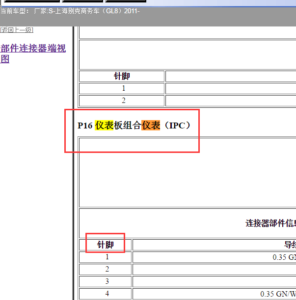2011年别克GL8 仪表针脚资料