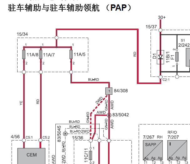 2014年沃尔沃V40雷达模块位置图和线路图