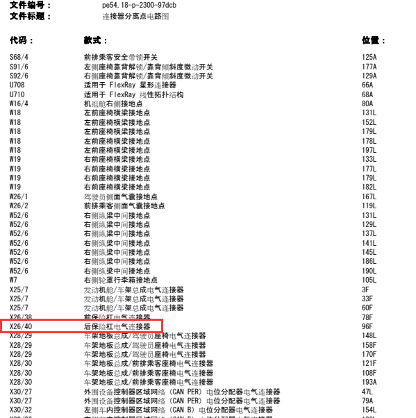 奔驰E350后杠X26/40插头的线路图