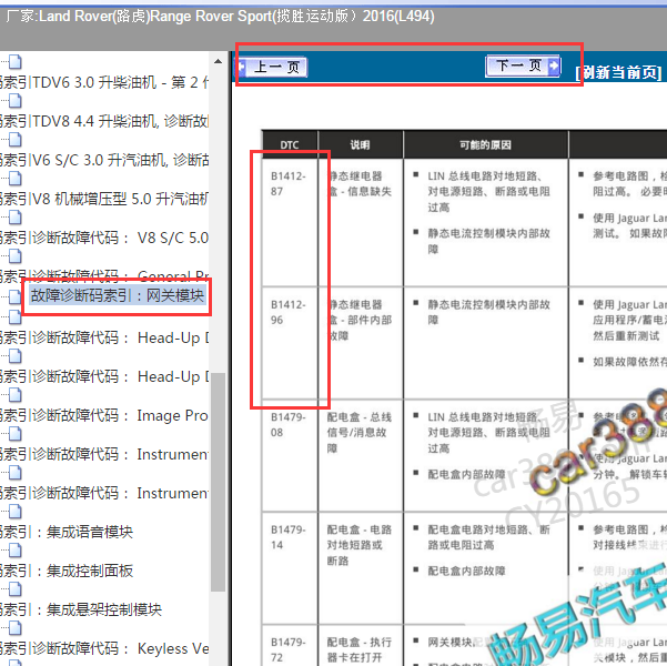 2016年路虎揽胜运动版B1412故障码解析