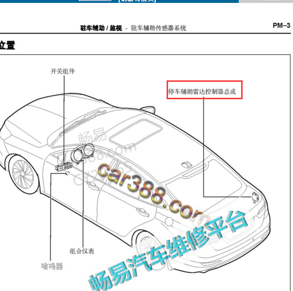 2015-2018年奔腾B70驻车辅助控制模块位置