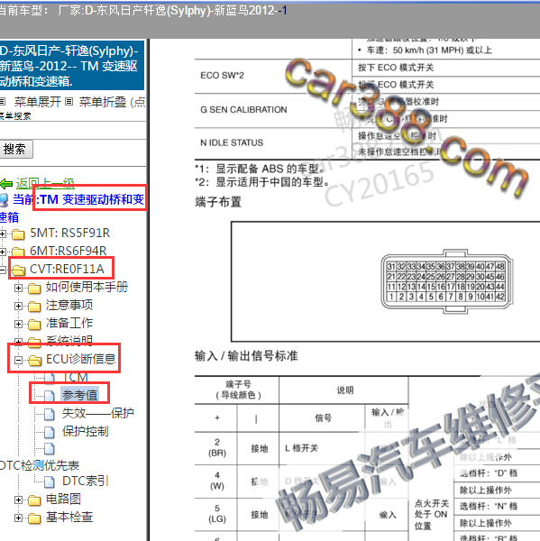 2012年日产轩逸波箱电脑端子图