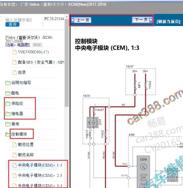 2018年沃尔沃XC60 中央电子模块CEM电路图和全车继电器保险丝配置图