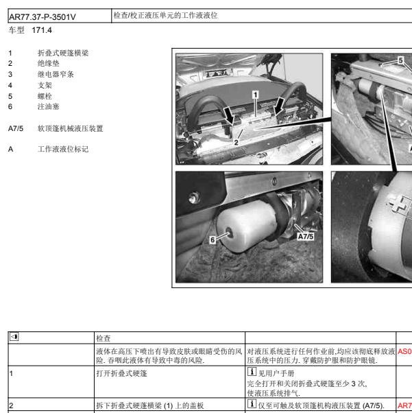 2005年奔驰SLK200更换硬顶折叠系统液压油的维修资料