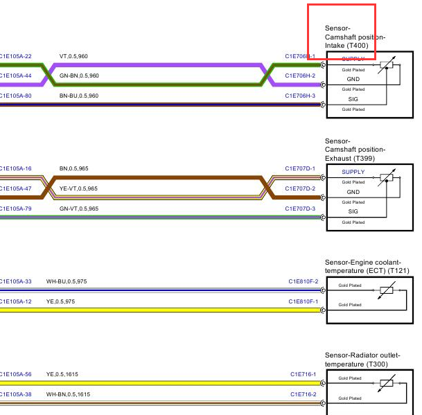 2015-2016年路虎发现 2.0发动机凸轮轴位置传感器电路图