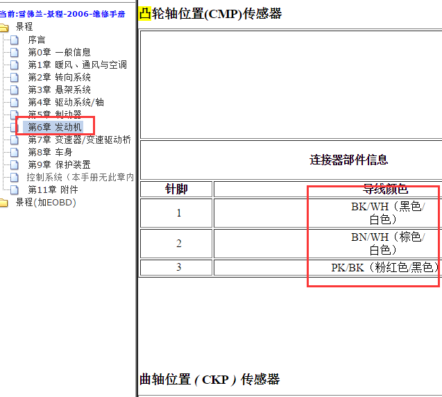 2006年雪佛兰景程凸轮轴传感器针脚颜色